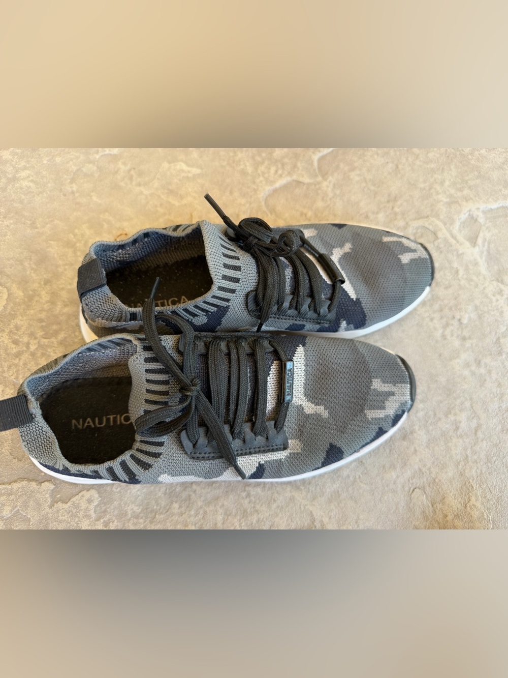 Nautica women’s Gray & Black Camouflage Knit Sneakers